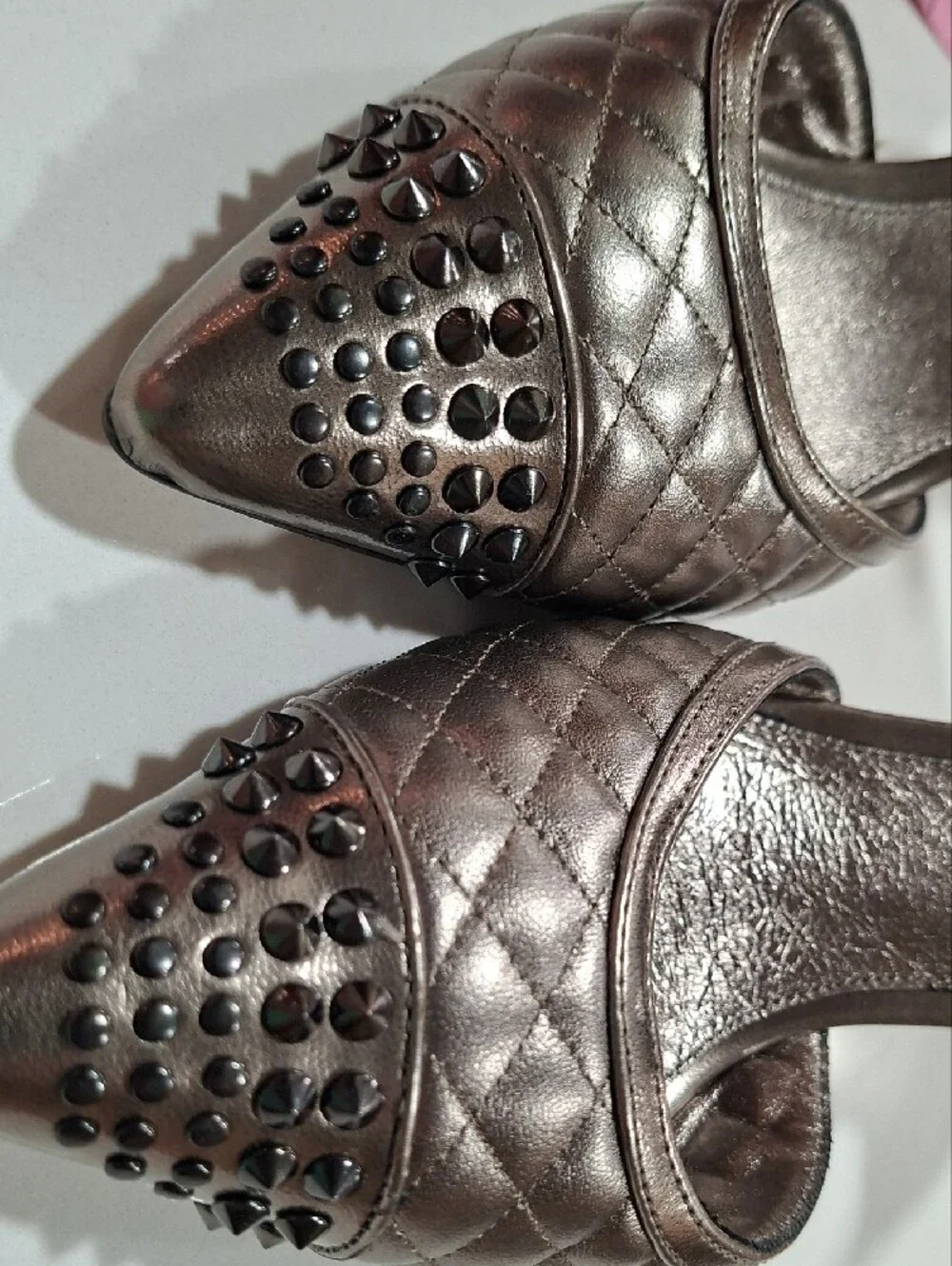 Metallic Quilted Pointed-Toe D'Orsay Heels with Studded Toe